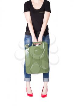 Woman with jerry can isolated on white