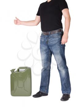 Man opening jerry can. Isolated on white