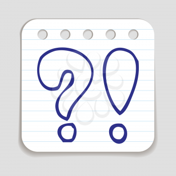 Doodle Question and Exclamation Mark icon. Blue pen hand drawn infographic symbol on a notepaper piece. Line art style graphic design element. Web button with shadow. Customer service concept. 