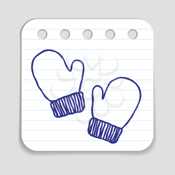 Doodle Winter Mittens icon. Winter sports kids wear for playing outdoors. Blue pen hand drawn infographic symbol on notepaper. Line art style graphic design element. Web button with shadow.