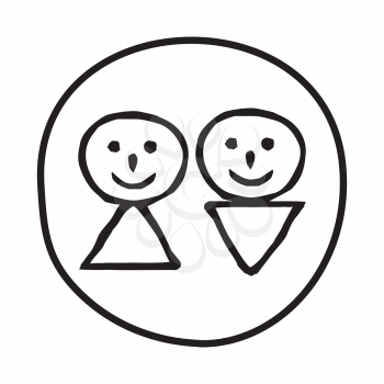 Doodle Man and Woman icon. Infographic symbol in a circle. Line art style graphic design element. Web button. Couple, wedding, gender, people concept. 