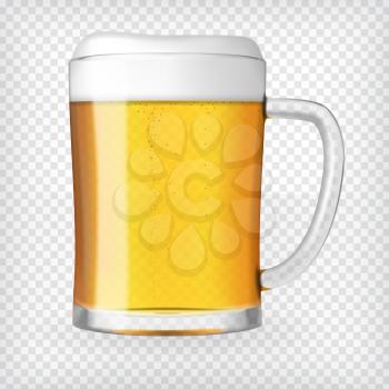Realistic beer mug. Glass with light beer and bubbles. Graphic design element for a brewery ad, beer garden poster, flyers and printables. Transparent vector illustration.