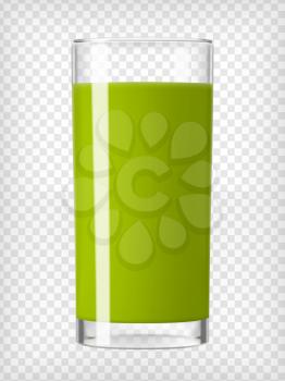 Green smoothie glass. Fruit organic drink. Healthy diet. Clean eating. Tall glass with beverage. Transparent  photo realistic vector illustration. 