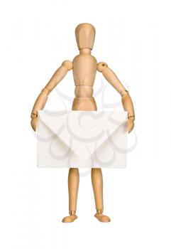 Wooden model dummy holding envelope, isolated on white. Mail concept.