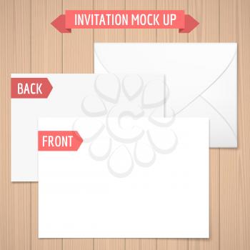 Invitation mock up. Wooden background. Front, back and envelope. Realistic illustration with shadow. Pink color. Baby shower for a girl, birthday girl, wedding invitation mockup. Vector illustration. 