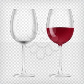Two wine glasses, one empty and one full. Lager beer. Transparent realistic elements.Ready to apply to your design. Vector illustration.