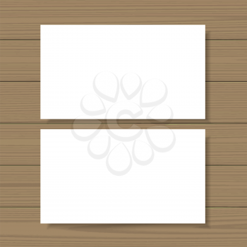 Business cards template. Blank mockup on wooden background. Add your own background, text, logo, or any other design. Vector illustration.