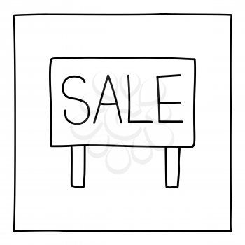 Doodle Sale Sign icon. Black and white symbol with frame. Line art style graphic design element. Web button. Isolated on white background. Marketing, retail, black friday sale concept.