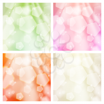Abstract bokeh backgrounds set. Green spring, shiny pink, orange sunlight, neutral beige. Graphic design element for scrapbooking, baby shower, wedding invitation, birthday card. Vector illustration