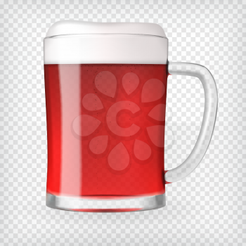 Realistic beer mug. Glass with red beer and bubbles. Graphic design element for a brewery ad, beer garden poster, flyers and printables. Transparent vector illustration.