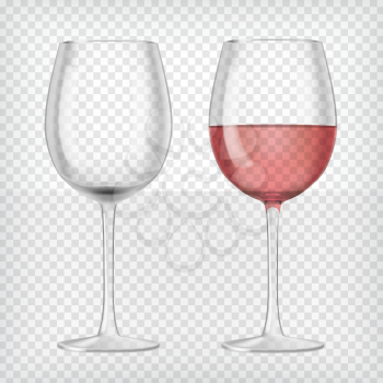 Set of realistic transparent wine glasses. One glass red wine and empty glass. Graphic design element for advertisement, flyer, poster, web site, restaurant menu, scrapbooking. Vector illustration