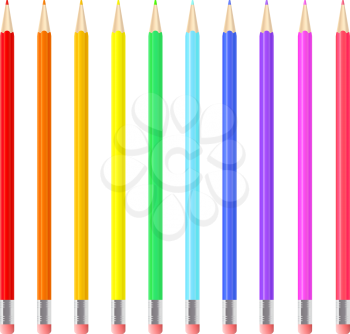 Colorful realistic pencils set. Rainbow colored crayons layed loosely in a line. Graphic design element for scrapbooking, flyer, poster, back to school sale invitation. Vector illustration.