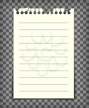 Blank lined note book page with torn edge. Notepaper mockup. Graphic design element for text, advertisement, doodle, sketch, scrapbooking. Paper piece with lines. Realistic vector illustration