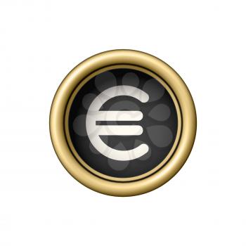 Symbol of Euro. Currency sign. Vintage golden typewriter button isolated on white background. Graphic design element for scrapbooking, sticker, web site, symbol, icon. Vector illustration.