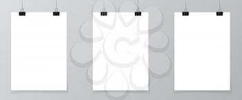Set of 2 blank posters hanging on a thread with black clipsagainst a wall as a minimalistic style portfolio, gallery presentation concept. 3d illustration