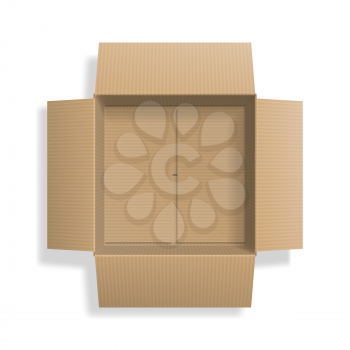 Realistic cardboard open box, top view, with transparent shadow isolated on white background. Vector illustration