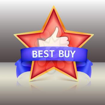 Best buy label with red star and ribbons, vector illustration
