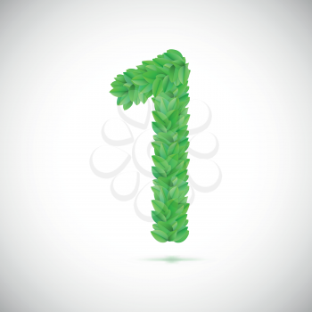 Numeral one made up of green leaves, vector illustration