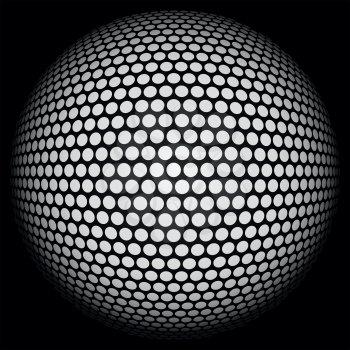 Dotted halftone sphere. Retro party background with disco ball
