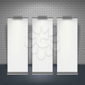 Blank roll up banners set isolated over brick wall, vector illustration.