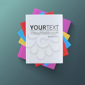 Stack of blank books, top view. Various blank color books on dark background for your desing and presentation.