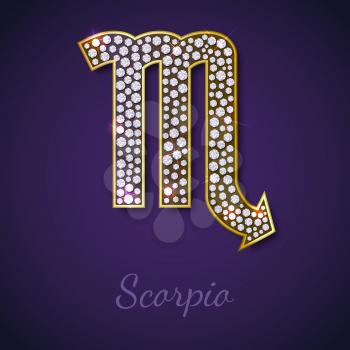Golden Scorpio zodiac signs with diamonds, editable vector illustration