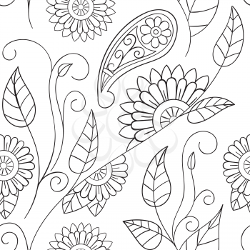 Beautiful decorative floral ornamental sketchy pattern, doodle style. All elements are not cropped and hidden under mask, place the pattern on canvas and repeat