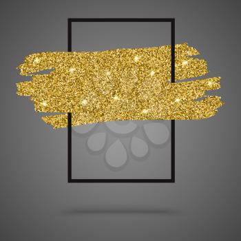 Gold sparkles, glitter background with frame for greeting card, certificate, luxury design and presentation
