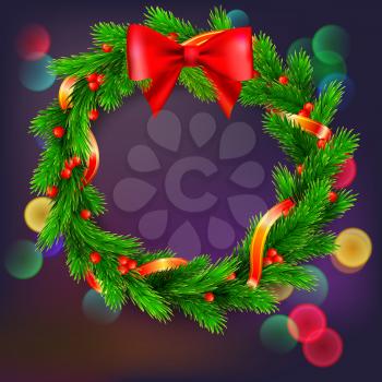 Traditional Christmas wreath made of green fir branches with red berries of viburnum, Golden ribbon and red bow on background with blur, bokeh effects. Vector, editable illustration