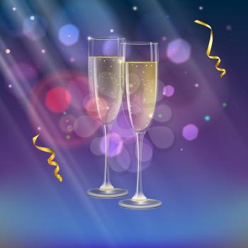 Glasses of champagne and streamer with rays of light on background. Champagne with bubbles in a wineglass with place for your text