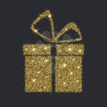 Icon of Gift box with gold sparkles and glitter, glow light confetti, bright sequins, sparkle tinsel, shimmer dust. Gift box sign isolated on dark background