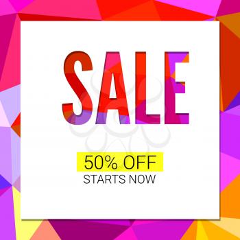 Sale banner on low poly background with elegant typography for luxury sales offers. Modern simple, minimalist design. Card, banner, tag template. Vector illustration, eps 10