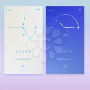Clock application, concept of UI design, day and night variants. Digital app, user interface kit, UI elements. Mobile clock interface, 3D illustration