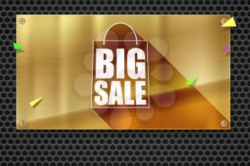 Big sale shopping bag silhouette with long shadow. Discount fifty percent. Horizontal bronze, gold, yellow metal plate on steel background with round holes. Selling banner for auto, technology shop.