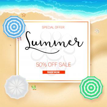 Selling ad banner, vintage text design. Summer vacation discounts, sale background of the sandy beach and the sea shore. Template for online shopping, advertising actions with percentage of discounts.