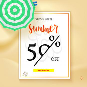 Selling ad banner, vintage text design. Summer vacation discounts, sale background of the sandy beach and the sea shore. Template for online shopping, advertising actions with percentage of discounts.