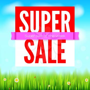 Sale an all kinds of items. Summer hot discounts. Selling ad banner. Sun summer background with big yellow sun, inflatable beach ball, green field, clouds and blue sky. Template for shopping.