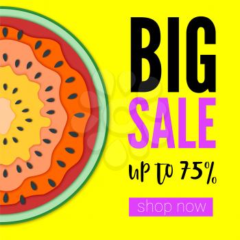 Big sale, bright banner with half past of watermelon on yellow backdrop. Get up to seventy five percent discount. Summer offer for shopping. Watermelon cut out from paper, multilayer illustration.