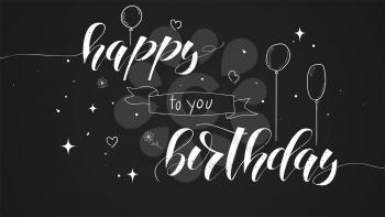 Happy Birthday handwritten text, lettering design. Poster with hand-drawn doodle, sketch style on black. Text of the congratulation with the birthday Calligraphy for prints, posters, invitations.