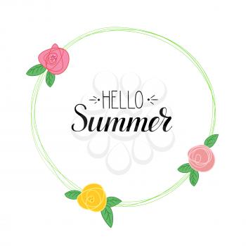 Hello Summer handwritten text and picture of flowers. Summer time logo template with calligraphic design. Summer Holidays lettering for prints, posters for Beach party, travel agency events.
