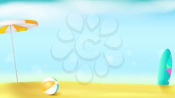 Horizontal summer background with sun umbrella, inflatable ball and surfboard. Sunny beach with Golden sand and blue sky. Template for touristic events, travel agency actions, action of sales.