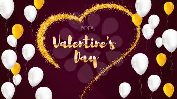 Greeting card with hand-drawn heart and flying inflatable balloons. Golden heart from sand, stardust with glitter. Horizontal poster for Valentine s day for your loved ones.