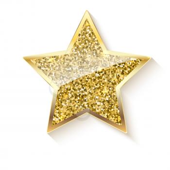 Golden star with glitter and reflex. Glittering toy shaped star with gold border, Christmas ornament. Vector luxury gold star isolated on white background