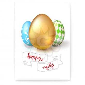 Poster with eggs for celebration of happy Easter isolated on white. Hand-drawn script text happy easter on vintage banner in sketchy style. Easter golden and painted eggs. Vector 3d illustration.
