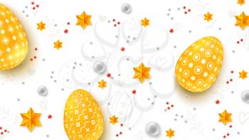 Easter decorative banner. Three-dimensions Easter eggs, gold stars and pearls in abstract pattern. Hand-drawn doodles and sketches of easter pictures. Greetings card for Church holidays.