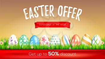 Easter sale, limited offer. Get up to 50 percent discount. Design of promotional text on red ribbons. Set of hand-painting Easter eggs in green spring grass. Festive discount actions