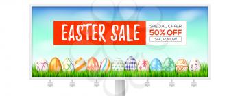 Easter sale. Billboard with holiday offer. Discount of 50 percent off. Hand painted Easter eggs on grass. Blue spring sky on the background. Three-dimensional vector illustration for festive sales