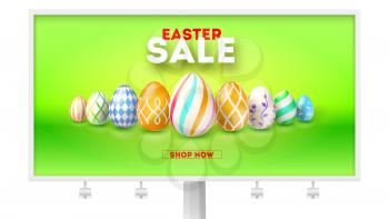 Easter sale get up to 50 percent discount. Billboard for retail shopping actions. Hand painted easter eggs in perspective on green background. Design of text with message about sale, reduce of price