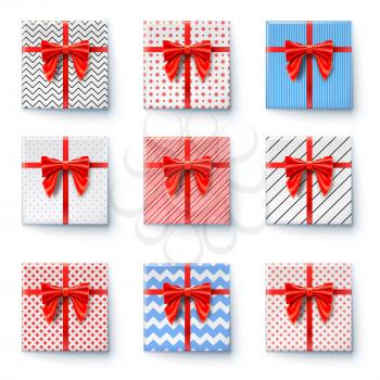 Present boxes with red ribbon and big bow isolated on white. Flat lay, top view on gift boxes wrapped in paper of various colors with patterns. Set of icons for holidays. Vector illustration.