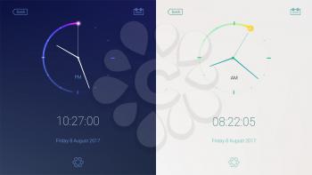 Clock application on light and dark background. Concept of UI design, day and night variants. Digital countdown app, user interface kit, mobile clock interface. UI elements, 3D illustration